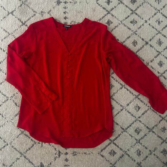 Womens Express Red long sleeve V neck blouse flowy Career Work Holiday Party - Picture 1 of 8
